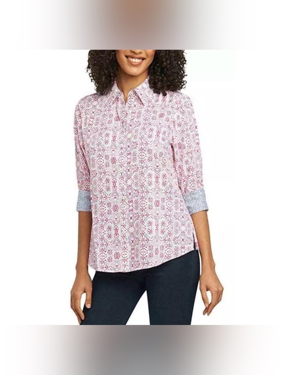 Foxcroft Tops - Foxcroft NYC Easy Care Button Front Shirt Large Pink Blue Print 3/4 Sleeve